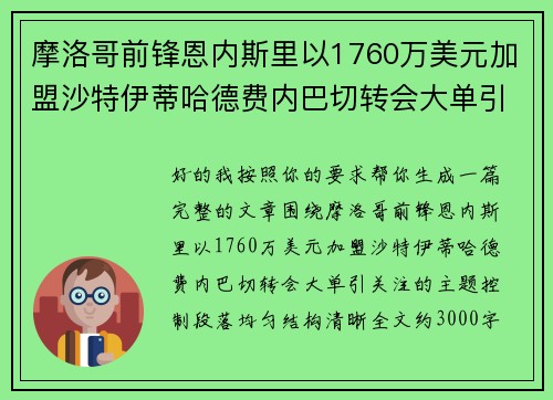 摩洛哥前锋恩内斯里以1760万美元加盟沙特伊蒂哈德费内巴切转会大单引关注