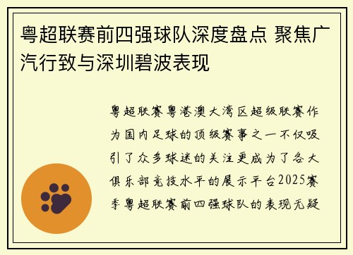粤超联赛前四强球队深度盘点 聚焦广汽行致与深圳碧波表现