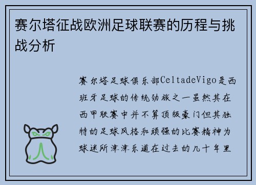 赛尔塔征战欧洲足球联赛的历程与挑战分析