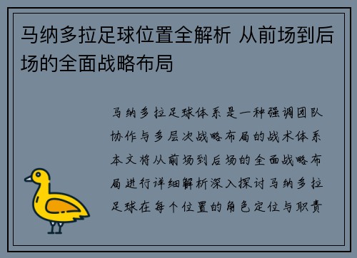 马纳多拉足球位置全解析 从前场到后场的全面战略布局