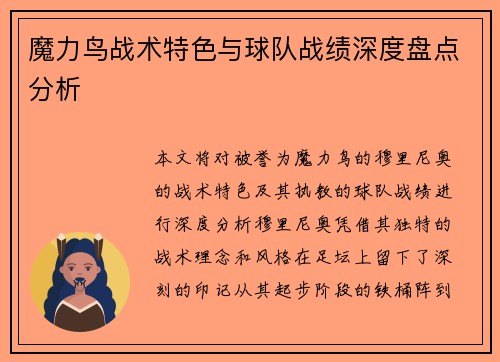 魔力鸟战术特色与球队战绩深度盘点分析